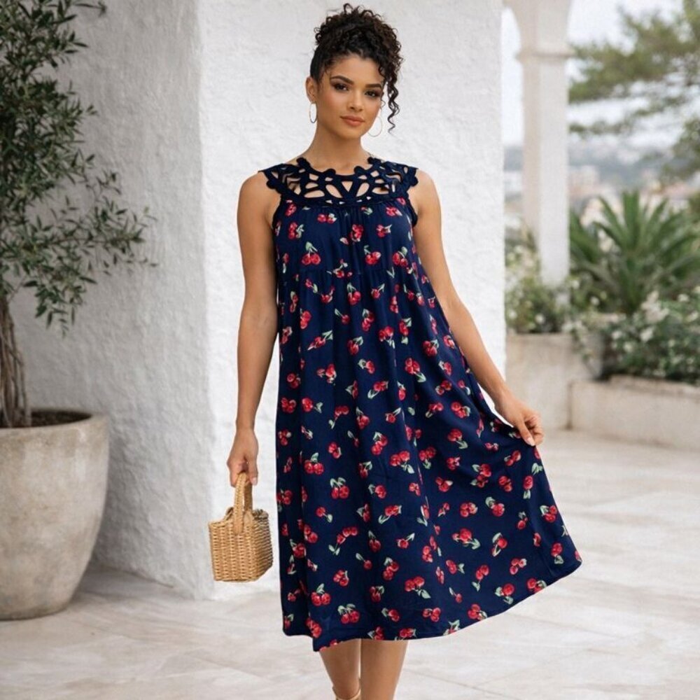 CICLO Collective Made in Italy Cherry Print Midi Dress Lace Cutout Neckline NWT